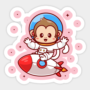 Cute Monkey Astronaut Riding Rocket Cartoon Sticker